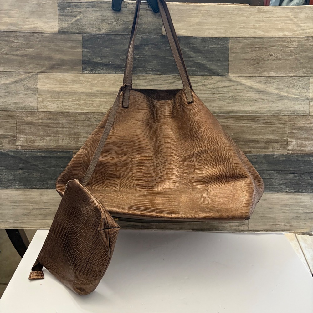 Metallic Bronze Lizard Embossed Leather Large Tote Bag with Matching Pouch